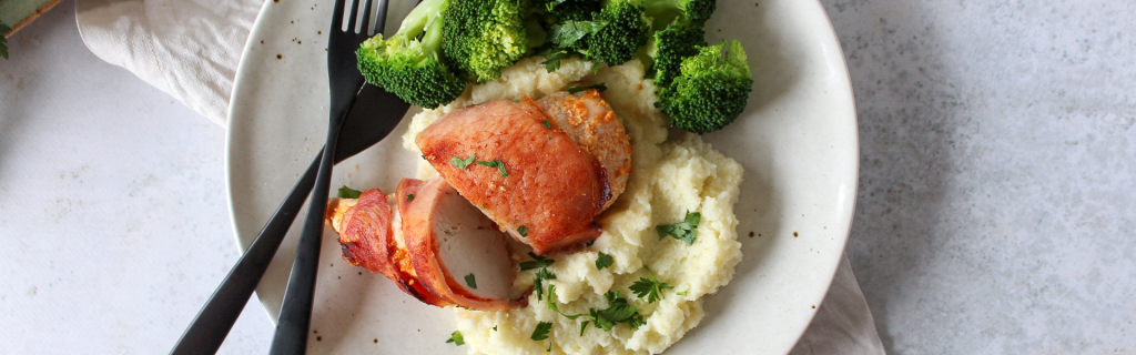 New Recipe: Bacon Wrapped Chicken with Cauliflower Mash & Greens